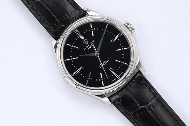 top-tier watch Rolex men's black dial black belt Cellini series automatic movementleather strap watch front view