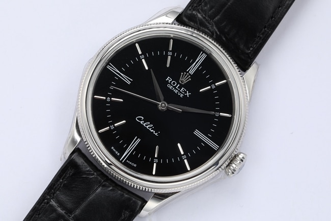 top-tier watch Rolex men's black dial black belt Cellini series automatic movementleather strap watch front view