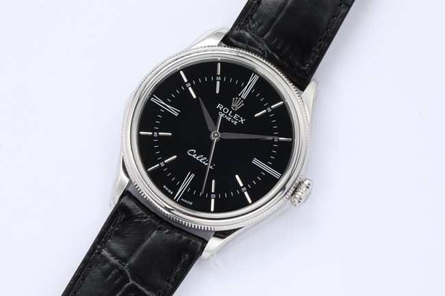 top-tier watch Rolex men's black dial black belt Cellini series automatic movementleather strap watch front view