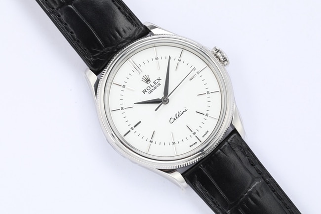 top-tierhigh-quality watch Rolex Cellini series men's white dial automatic movementleather strap watch front view