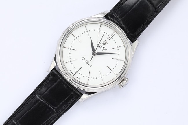 top-tierhigh-quality watch Rolex Cellini series men's white dial automatic movementleather strap watch front view