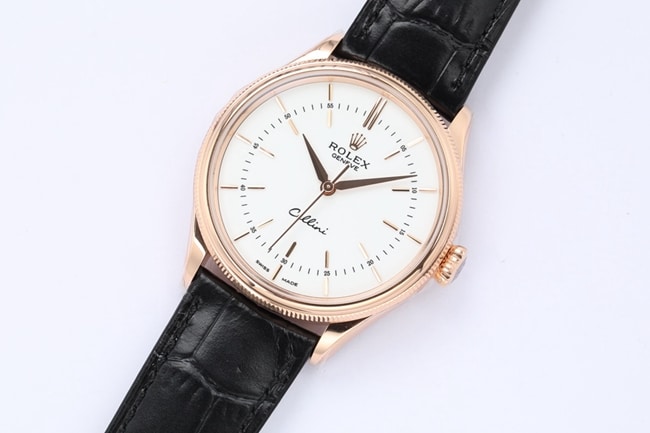 top-tiersuper watch Rolex men's white dial black belt automatic movementleather strap Cellini series watch front view