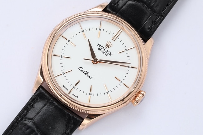 top-tiersuper watch Rolex men's white dial black belt automatic movementleather strap Cellini series watch front view