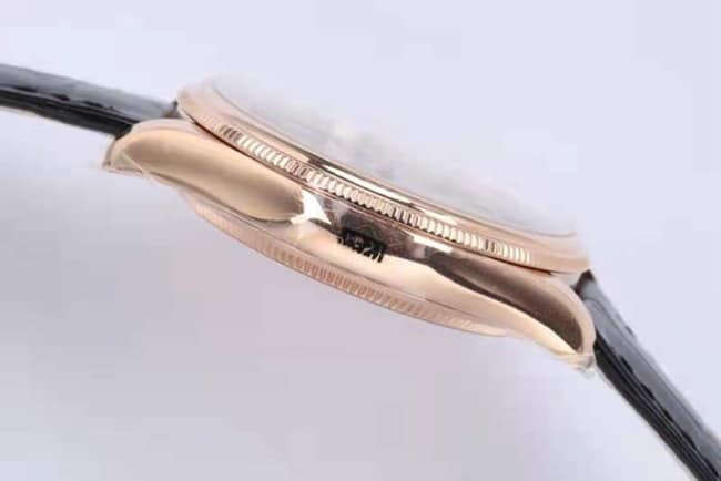 top-tiersuper watch Rolex men's white dial black belt automatic movementleather strap Cellini series watch side view