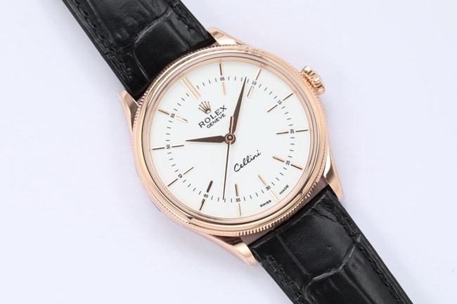 top-tiersuper watch Rolex men's white dial black belt automatic movementleather strap Cellini series watch front view