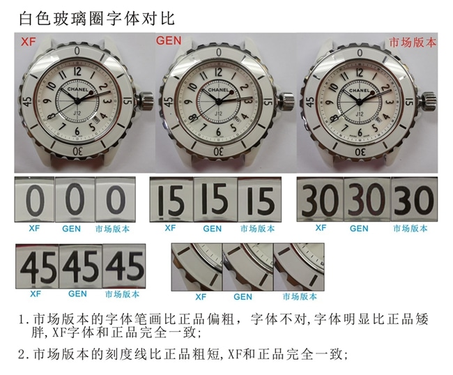 XFChanelJ12 series ceramicreplica watch genuine and fake comparison evaluation glass ring font comparison chart