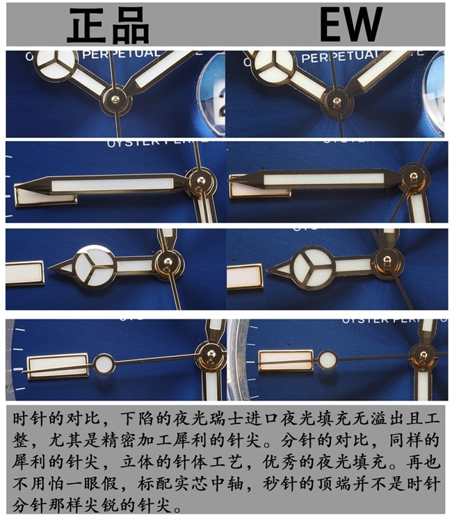 EWRolexSubmariner41replica watch comparison between gold and blue Submariner genuine and fake comparison evaluation hour hand details comparison chart