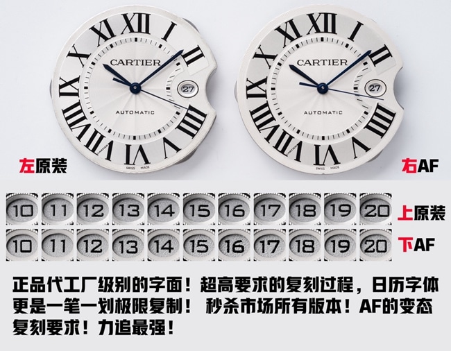 AF FactoryCartier Blue Balloon 42mm top-tier table comparison with original evaluation date display chart