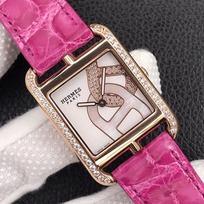 YF factory top-tier watch Hermès women's white dial pink belt quartzleather strap watch front view