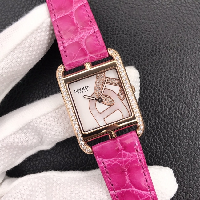 YF factory top-tier watch Hermès women's white dial pink belt quartzleather strap watch front view