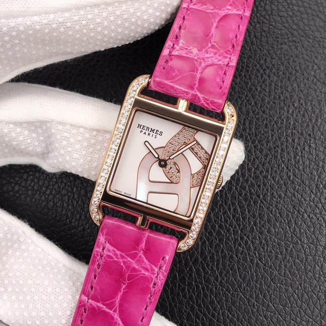 YF factory top-tier watch Hermès women's white dial pink belt quartzleather strap watch front view
