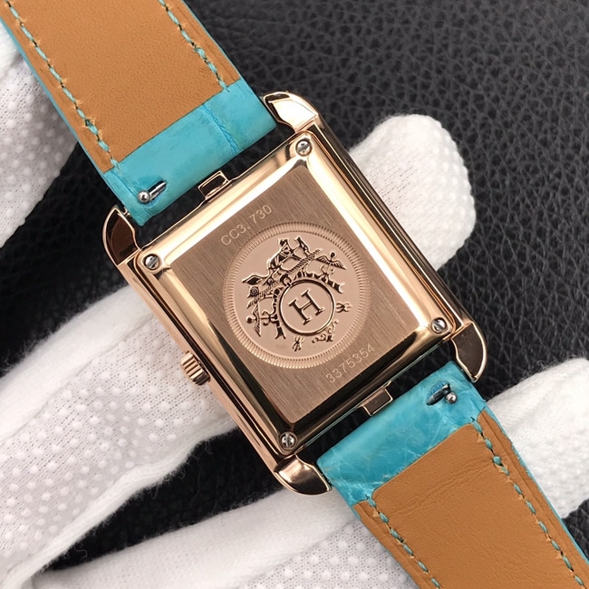 YF factory top-tier watch Hermès Vwhite dial blue belt women's leather strapquartz watch back cover picture