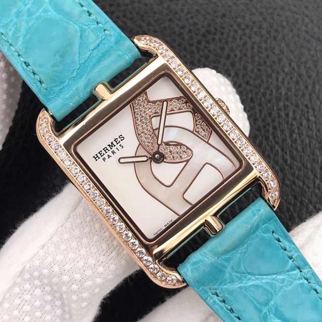 YF factory top-tier watch Hermes Vwhite dial blue belt women's leather strapquartz watch front view