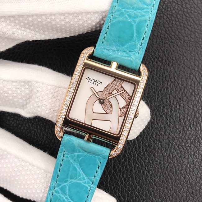 YF factory top-tier watch Hermes Vwhite dial blue belt women's leather strapquartz watch front view