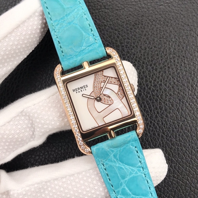 YF factory top-tier watch Hermes Vwhite dial blue belt women's leather strapquartz watch front view