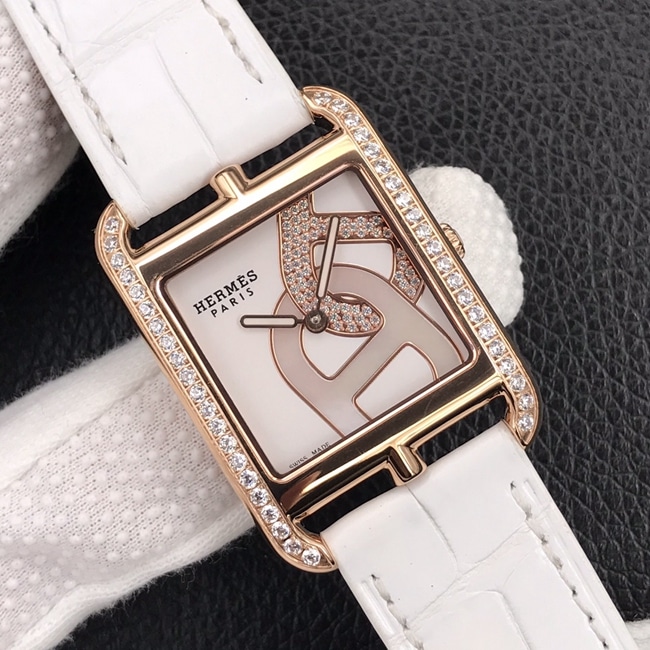 YF factory top-tier watch Hermès women's white dial white belt leather strapquartz watch front view