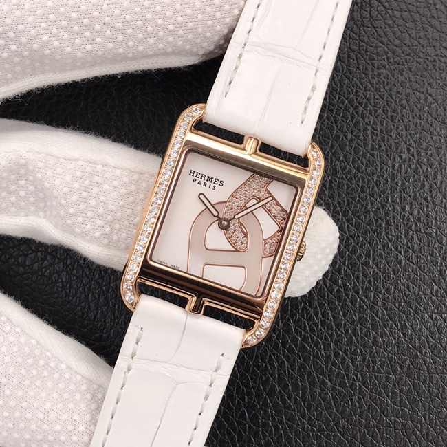 YF factory top-tier watch Hermès women's white dial white belt leather strapquartz watch front view