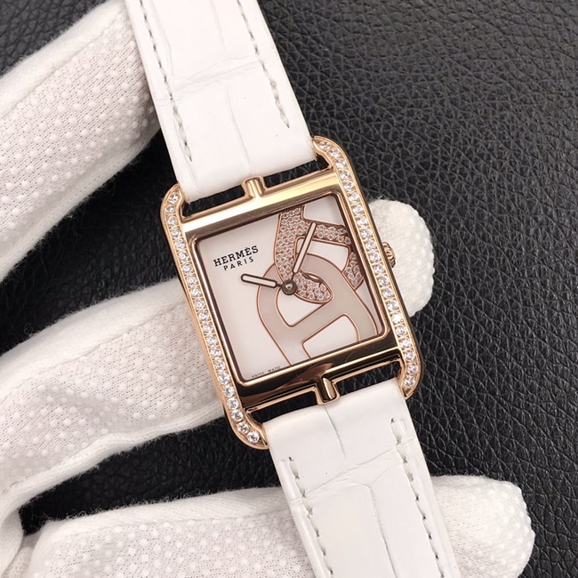 YF factory top-tier watch Hermès women's white dial white belt leather strapquartz watch front view
