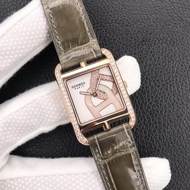 YF factory top collectible watches Hermes women's white disk brown belt square steel belt quartz watch front view