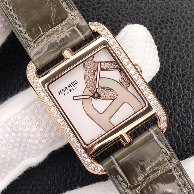 YF factory top collectible watches Hermes women's white disk brown belt square steel belt quartz watch front view