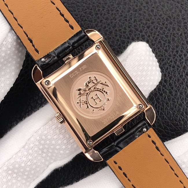 YF factory top-tier watch Hermès women's white dial black belt square stainless steel quartzleather strap watch back cover picture