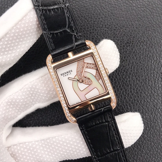 YF factory top-tier watch Hermès women's white dial black belt square stainless steel quartzleather strap watch front view