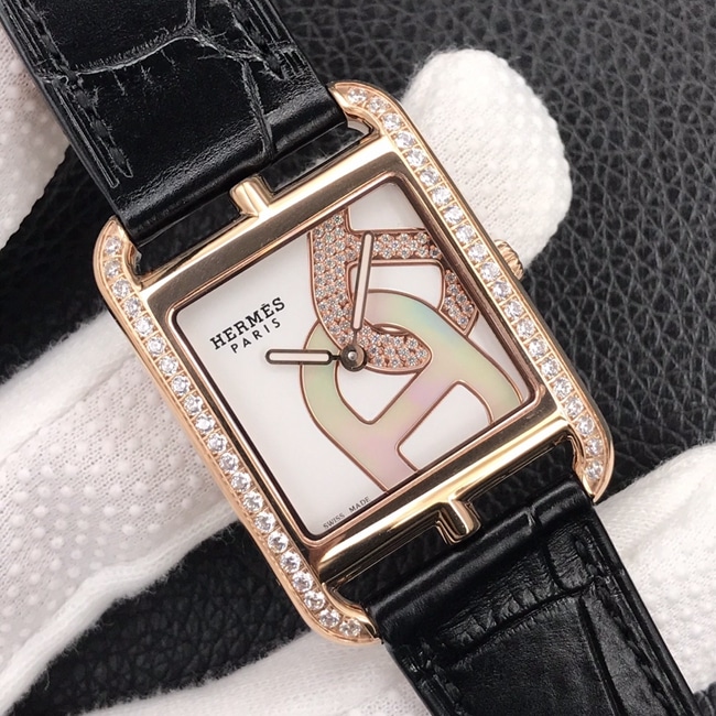 YF factory top-tier watch Hermès women's white dial black belt square stainless steel quartzleather strap watch front view