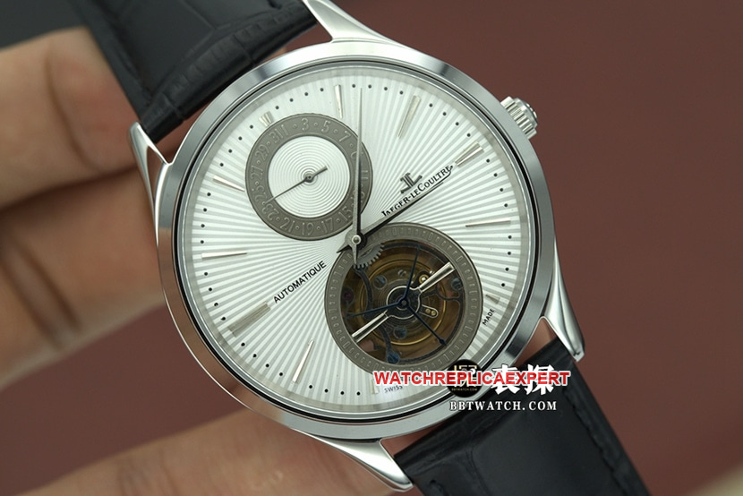 top-tier watch Jaeger-LeCoultre men's white dial black belt master series automatic true tourbillon mechanical leather strap watch front live photo