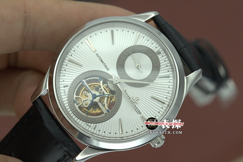 top-tier watch Jaeger-LeCoultre men's white dial black belt master series automatic true tourbillon mechanical leather strap watch front live photo