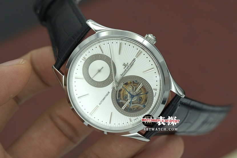 top-tier watch Jaeger-LeCoultre men's white dial black belt master series automatic true tourbillon mechanical leather strap watch front live photo
