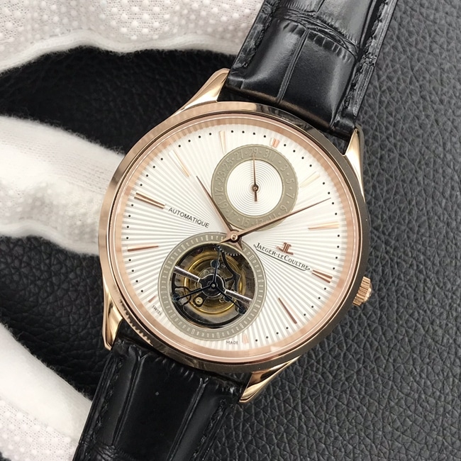 top-tier watch Jaeger-LeCoultre men's white dial black belt automatic movement tourbillon master series watch front view