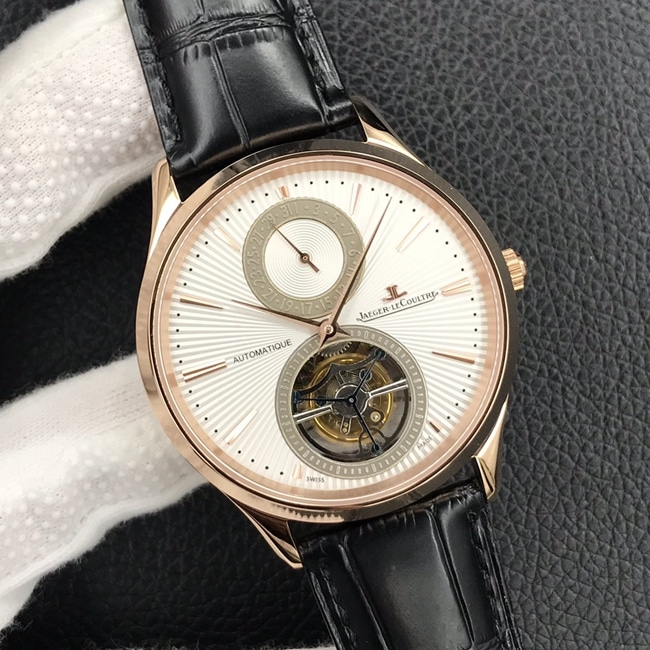 top-tier watch Jaeger-LeCoultre men's white dial black belt automatic movement tourbillon master series watch front view