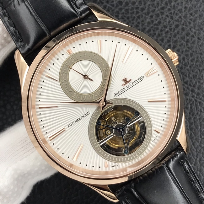 top-tier watch Jaeger-LeCoultre men's white dial black belt automatic movement tourbillon master series watch front view