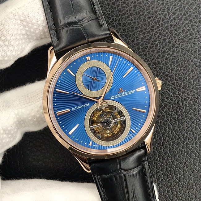 top-tier watch Jaeger-LeCoultre men's blue dial black belt tourbillon master series automatic movement watch front view