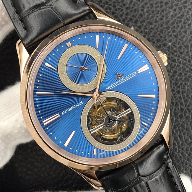 top-tier watch Jaeger-LeCoultre men's blue dial black belt tourbillon master series automatic movement watch front view
