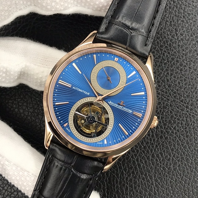 top-tier watch Jaeger-LeCoultre men's blue dial black belt tourbillon master series automatic movement watch front view