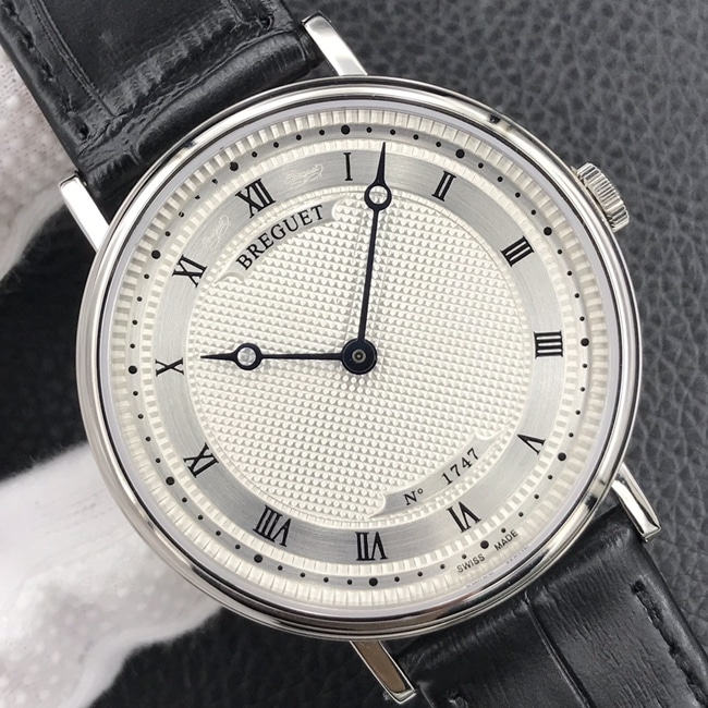 top-tier watch Breguet men's white dial black belt classic series mechanical leather strap watch front view
