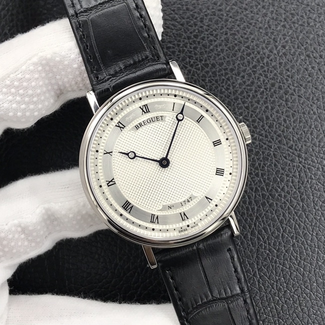 top-tier watch Breguet men's white dial black belt classic series mechanical leather strap watch front view