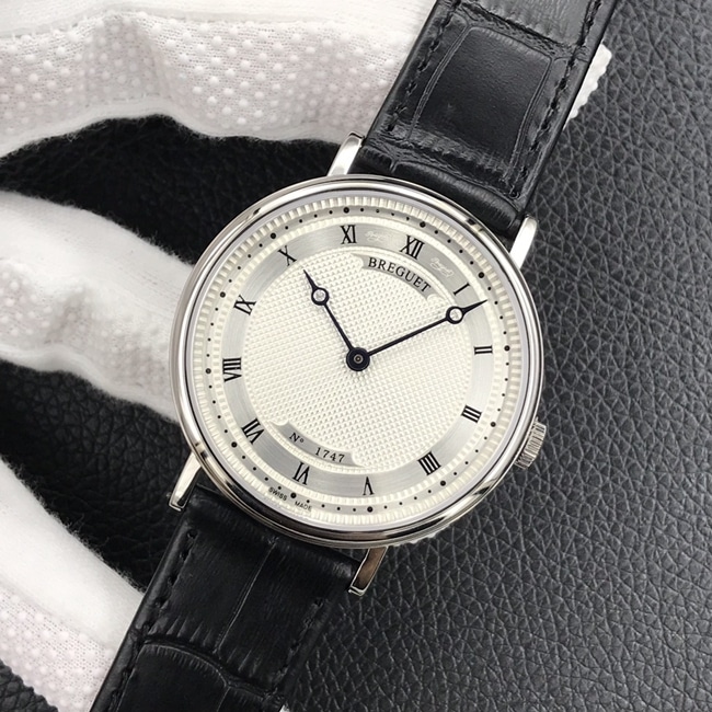 top-tier watch Breguet men's white dial black belt classic series mechanical leather strap watch front view