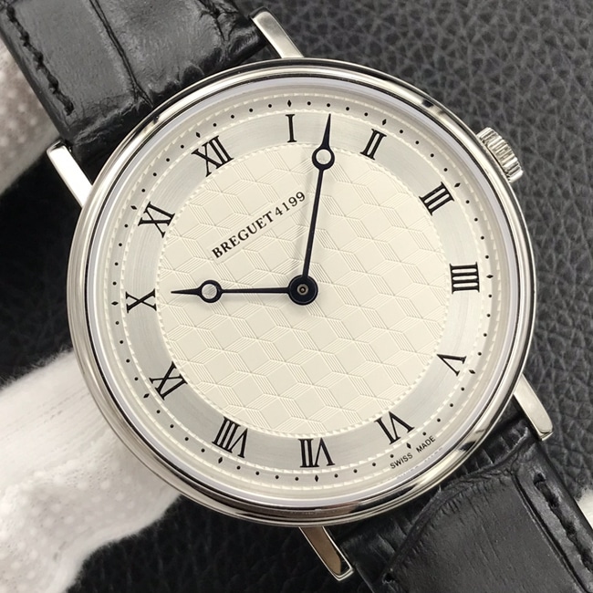 Top Breguet men's classic series white dial black strap mechanical leather watch front view