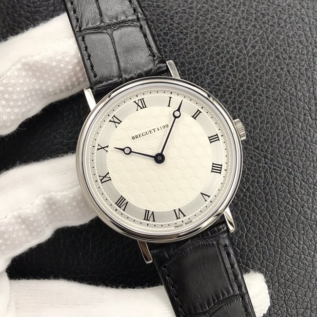 Top Breguet men's classic series white dial black strap mechanical leather watch front view