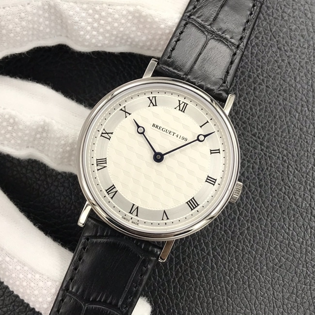 Top Breguet men's classic series white dial black strap mechanical leather watch front view