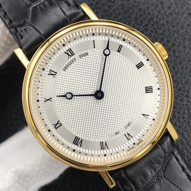 Top-tier watch Breguet men's white dial black belt automatic movementleather strap classic series watch front view