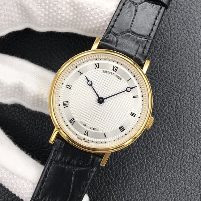 Top-tier watch Breguet men's white dial black belt automatic movementleather strap classic series watch front view