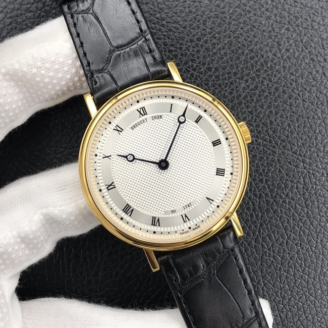 Top-tier watch Breguet men's white dial black belt automatic movementleather strap classic series watch front view