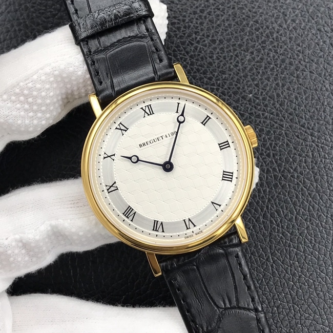 top-tier watch Breguet men's white dial black belt classic series automatic movementleather strap watch front view