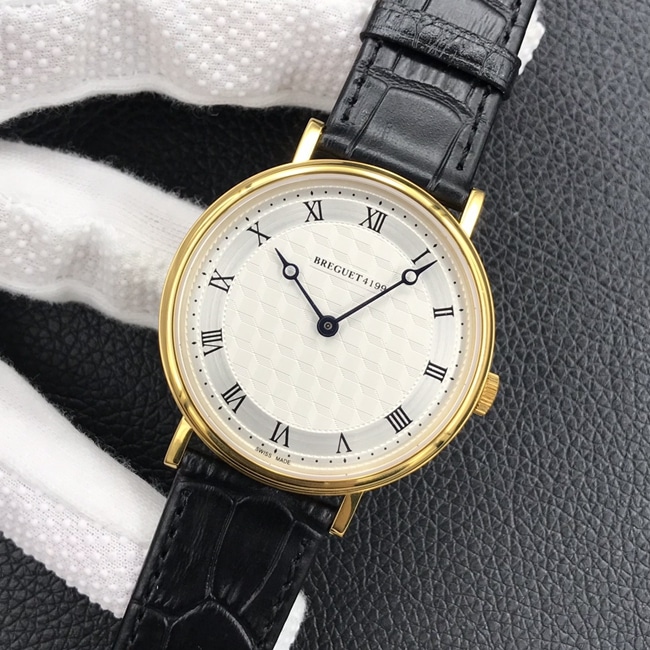 top-tier watch Breguet men's white dial black belt classic series automatic movementleather strap watch front view
