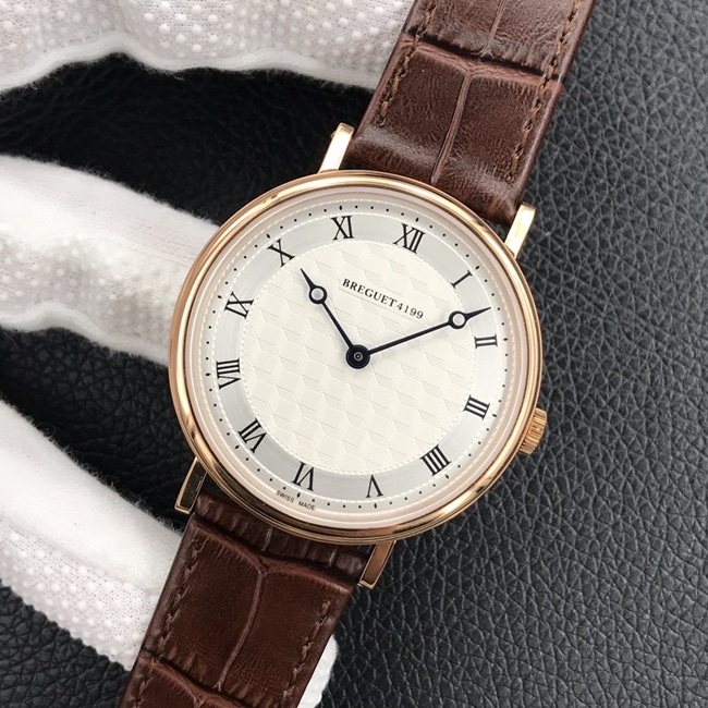 top-tier watch Breguet classic series mechanical leather strap men's white dial brown belt watch front view