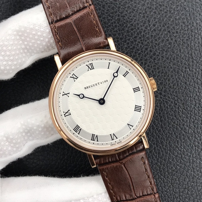 top-tier watch Breguet classic series mechanical leather strap men's white dial brown belt watch front view