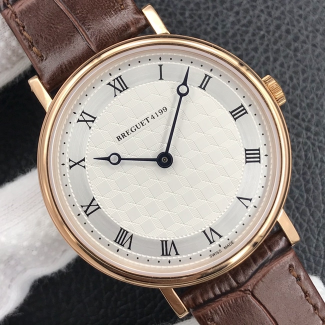 top-tier watch Breguet classic series mechanical leather strap men's white dial brown belt watch front view